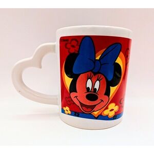 Disney Minnie Mouse Vintage Coffee Mug Heart Shaped Handle Red Floral Ceramic